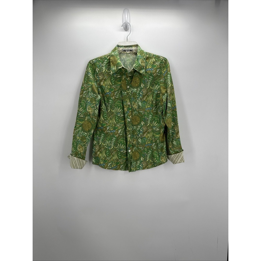 Liz Claiborne Size 10 Colorful Green Button Up Shirt Blouse Top Floral Print Art